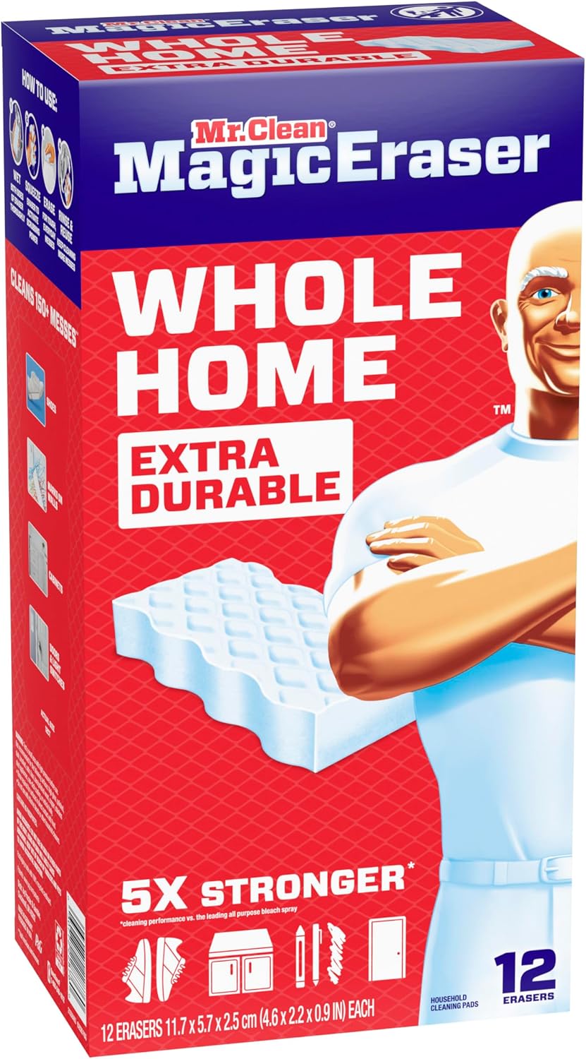 Mr. Clean Magic Eraser, All Purpose Cleaner, Cleaning Scrubber, Wall, Sneaker, Kitchen, Bathroom, Shower Cleaning Supplies, Melamine Pads, Whole Home Extra Durable, 12ct