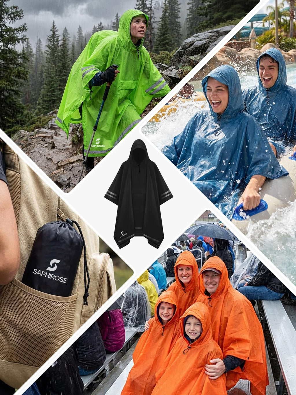 SaphiRose Hooded Rain Poncho Waterproof Raincoat Jacket for Men Women Adults