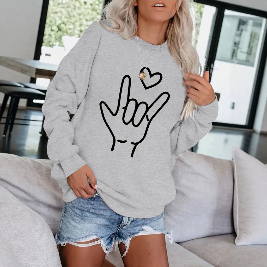 Love Love You Gesture Printed Round Neck Sweatshirt
