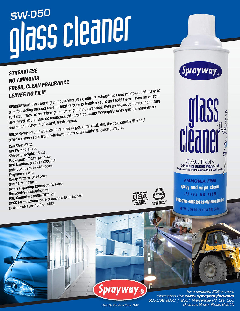 Sprayway Glass Cleaner Foaming Aerosol Spray, 19oz, Pack of 2 | Ammonia-Free, Streakless, Fast-Acting | Cleans & Polishes Glass Surfaces | Fresh Scent, Removes Fingerprints, Dust, Dirt, Smoke Film