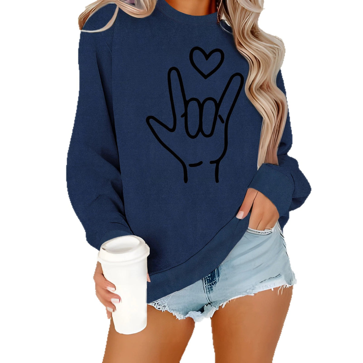 Love Love You Gesture Printed Round Neck Sweatshirt