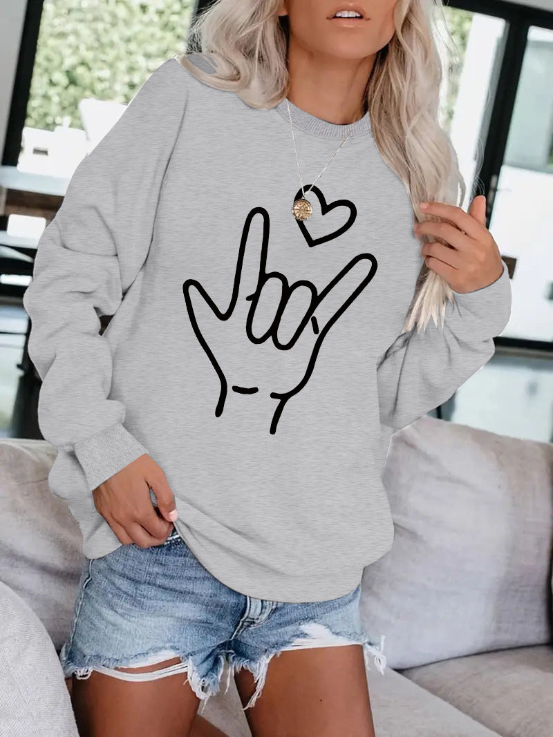 Love Love You Gesture Printed Round Neck Sweatshirt