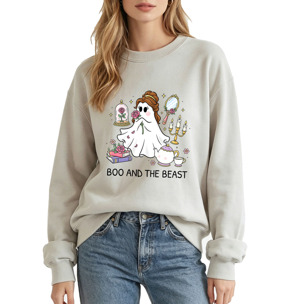 Printed round neck hoodie “Boo and the Beast”