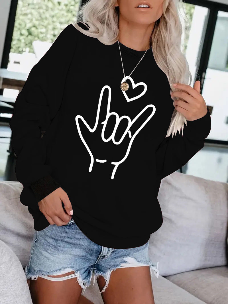 Love Love You Gesture Printed Round Neck Sweatshirt