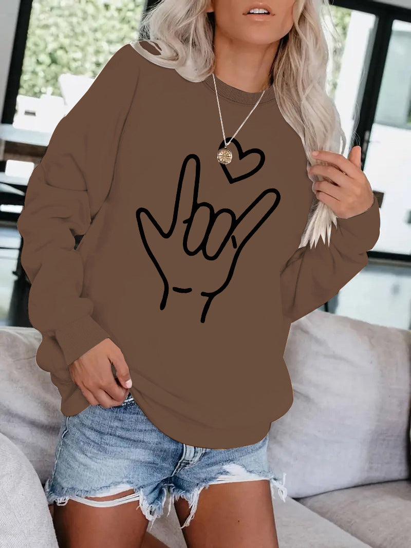 Love Love You Gesture Printed Round Neck Sweatshirt